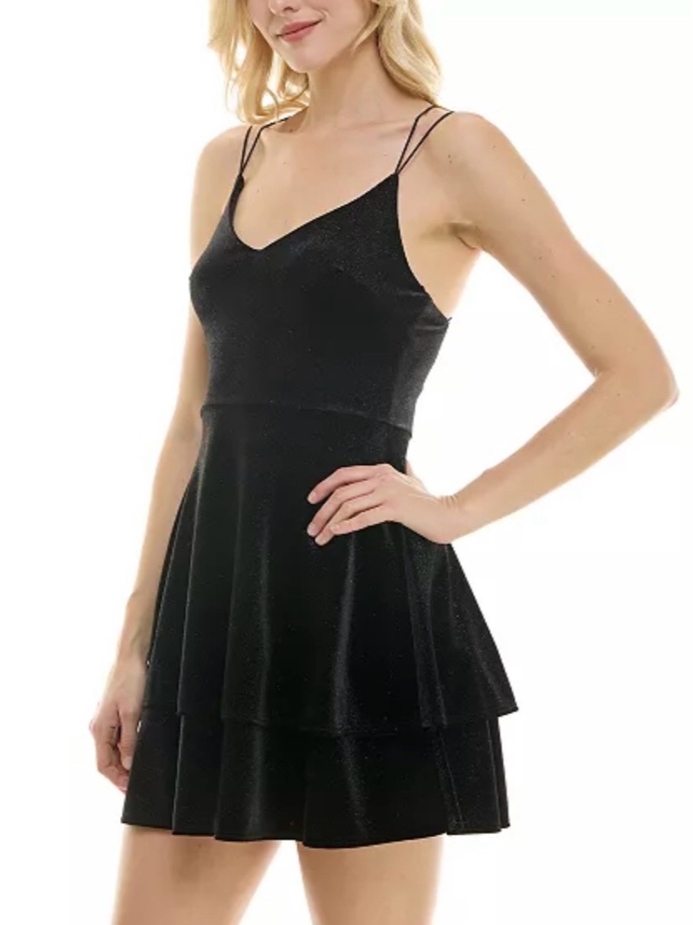B Darlin Black Double-Strap Tiered Mini Dress